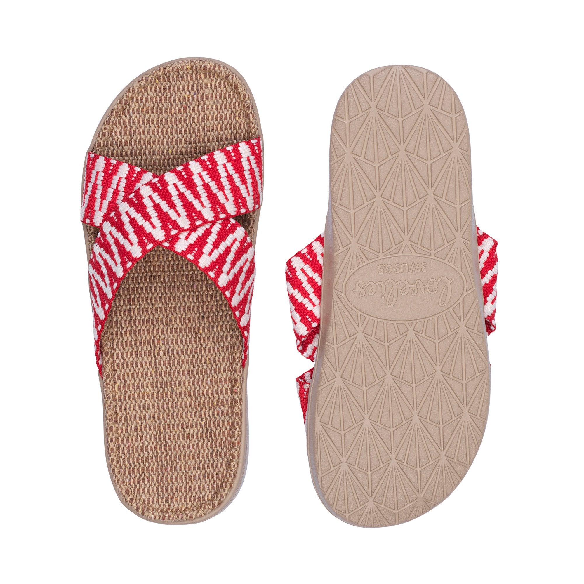 Sandal with woven straps. The soft inner sole is covered with jute.