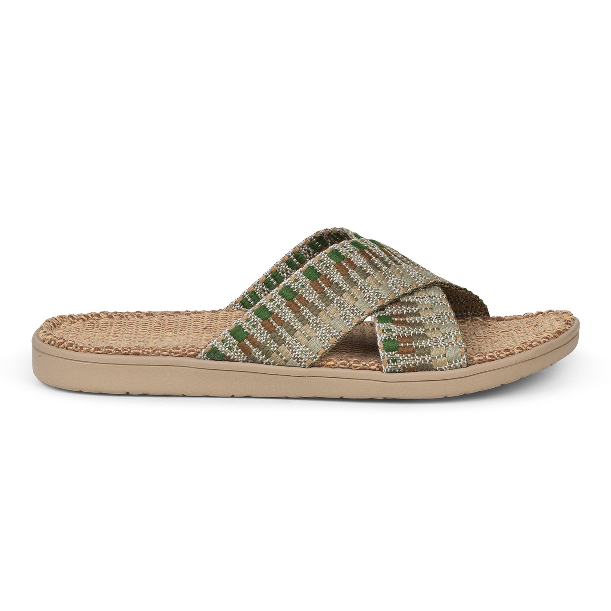 Summer sandals from danish brand Lovelies. The rubber sole is nice and soft which makes the sandal very comfortable. The inner sole is covered with woven jute and the straps are med of fine cotton. Sandal with woven straps. Harmal sandal from Lovelies in Denmark. The beautiful sandal is made of a soft rubber sole with natural jute and woven cotton straps.The soft inner sole is covered with jute. Green sandal