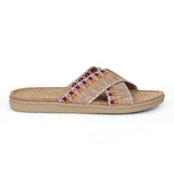 Summer sandals from danish brand Lovelies. The rubber sole is nice and soft which makes the sandal very comfortable. The inner sole is covered with woven jute and the straps are med of fine cotton. Sandal with woven straps. Harmal sandal from Lovelies in Denmark. The beautiful sandal is made of a soft rubber sole with natural jute and woven cotton straps.The soft inner sole is covered with jute. Green sandal
