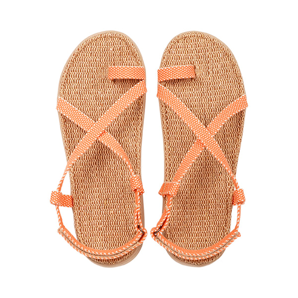 The Isola style has a velcro lock heel strap and a simple loop for the toe, so beautiful and elegant.  With its delicate and soft fabrics, you feel at ease and elegant at the same time. The easy to-go sandals with their striking summer colours are a perfect fit to your feminine summer dresses and your light blue summer jeans.  Enjoy your Lovelies!  Material:  Outsole / Insole : Rubber  Footbed: 100% Natural Jute Upper: Cotton Webbing Heel Heights 2 cm Handmade with passion