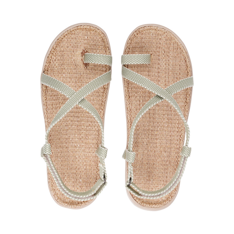 The Isola style has a velcro lock heel strap and a simple loop for the toe, so beautiful and elegant.  With its delicate and soft fabrics, you feel at ease and elegant at the same time. The easy to-go sandals with their striking summer colours are a perfect fit to your feminine summer dresses and your light blue summer jeans.  Enjoy your Lovelies!  Material:  Outsole / Insole : Rubber  Footbed: 100% Natural Jute Upper: Cotton Webbing Heel Heights 2 cm Handmade with passion