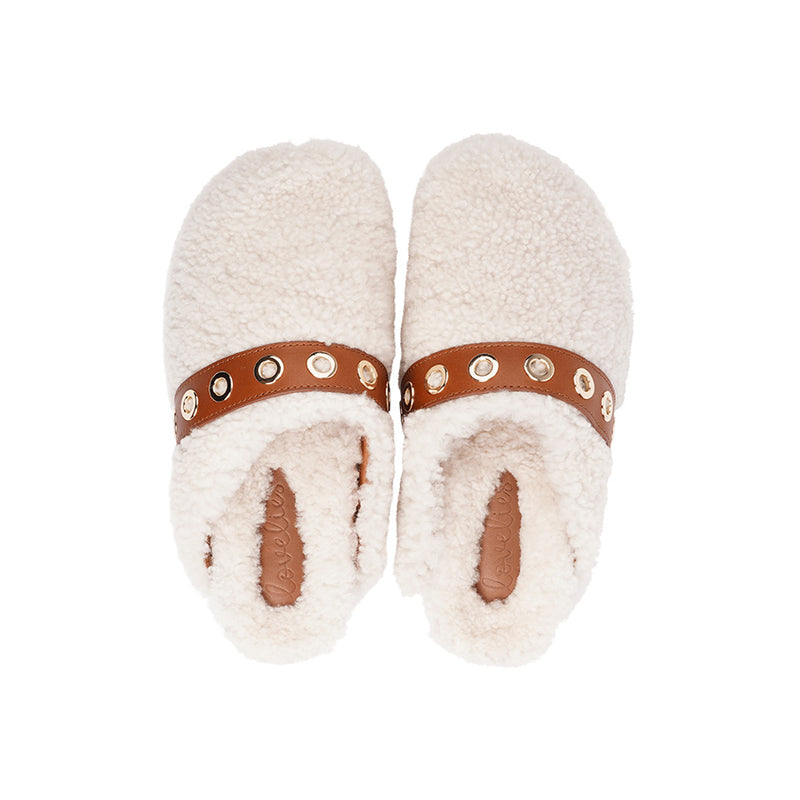 Lovelies Studio - fashion mules in sude and shearling. Suede mules with curly shearling lining  Lovelies shearling mules will bring softness and warmth to your feet this autumn. The combination of soft curly shearling and the durable cork and rubber sole guarantees the utmost comfort to the wearer.