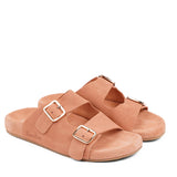 These soft suede leather sandals come with 2 adjustable straps and a full suede covered midsole for the best fit and comfort.  With its delicate and soft fabrics, you feel at ease and elegant at the same time. The easy to-go sandals will fit to your feminine dress or your summer jeans.  Size and fit:  True to size If you are between sizes, we recommend taking the next size up. See our Size Guide  Material:  Outsole / Insole : Rubber  Footbed: Suede leather Lining: Suede leather Upper: Suede leather