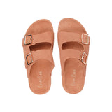 These soft suede leather sandals come with 2 adjustable straps and a full suede covered midsole for the best fit and comfort.  With its delicate and soft fabrics, you feel at ease and elegant at the same time. The easy to-go sandals will fit to your feminine dress or your summer jeans.  Size and fit:  True to size If you are between sizes, we recommend taking the next size up. See our Size Guide  Material:  Outsole / Insole : Rubber  Footbed: Suede leather Lining: Suede leather Upper: Suede leather