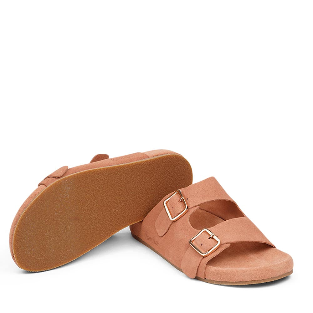 These soft suede leather sandals come with 2 adjustable straps and a full suede covered midsole for the best fit and comfort.  With its delicate and soft fabrics, you feel at ease and elegant at the same time. The easy to-go sandals will fit to your feminine dress or your summer jeans.  Size and fit:  True to size If you are between sizes, we recommend taking the next size up. See our Size Guide  Material:  Outsole / Insole : Rubber  Footbed: Suede leather Lining: Suede leather Upper: Suede leather