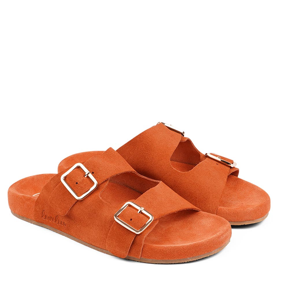 These soft suede leather sandals come with 2 adjustable straps and a full suede covered midsole for the best fit and comfort.  With its delicate and soft fabrics, you feel at ease and elegant at the same time. The easy to-go sandals will fit to your feminine dress or your summer jeans.  Size and fit:  True to size If you are between sizes, we recommend taking the next size up. See our Size Guide  Material:  Outsole / Insole : Rubber  Footbed: Suede leather Lining: Suede leather Upper: Suede leather