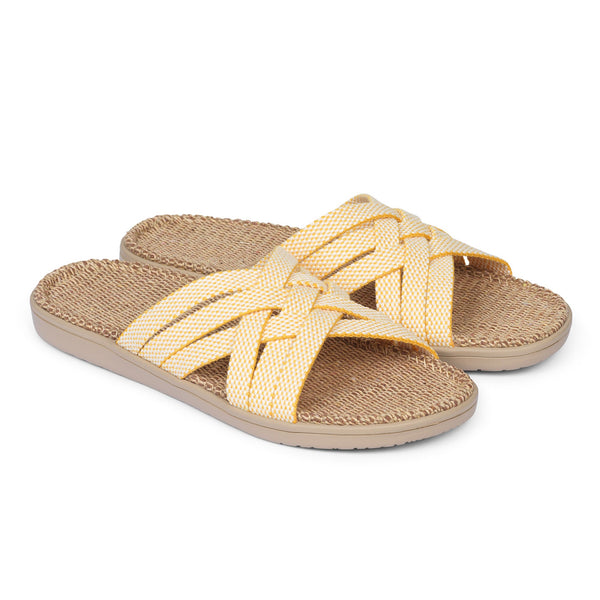 Discover the captivating Matara sandal from Lovelies Studio. This sumptuous sandal is composed of luxuriantly soft and resilient gum rubber, with a natural jute innersole. The closely woven cotton straps infuse a delicate and fanciful aesthetic, providing an effortless sophistication for any ensemble.  With its delicate and soft fabrics, you feel at ease and elegant at the same time. The easy to-go sandals with their striking summer colors are a perfect fit to your feminine summer dresses 