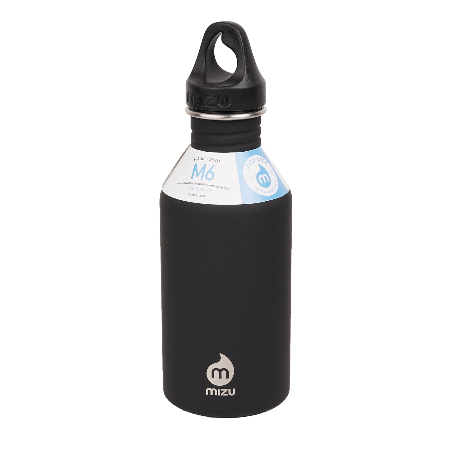 600 ml single wall stainless steel bottle with a black loop cap.  The M6 stainless steel bottle from Mizu has the perfect size and will fit perfect in your car or in your sports bag.  Insulated: No Material: Stainless steel (18/8) BRA free Volume: 20 oz / 600 ml Height:  215 mm Diameter: 70 mm Weight:  180 gr Fits in a cup holder: Yes We just love the mantra at Mizu which goes like this: Enjoy the journey. Leave nothing behind.