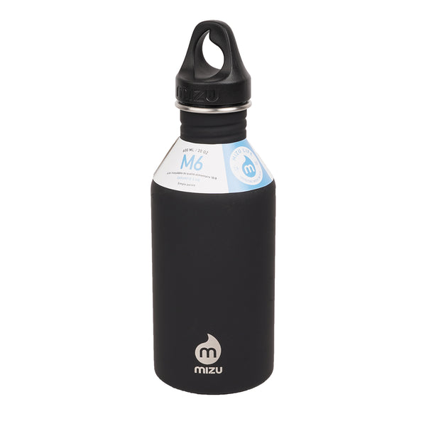 600 ml single wall stainless steel bottle with a black loop cap.  The M6 stainless steel bottle from Mizu has the perfect size and will fit perfect in your car or in your sports bag.  Insulated: No Material: Stainless steel (18/8) BRA free Volume: 20 oz / 600 ml Height:  215 mm Diameter: 70 mm Weight:  180 gr Fits in a cup holder: Yes We just love the mantra at Mizu which goes like this: Enjoy the journey. Leave nothing behind.