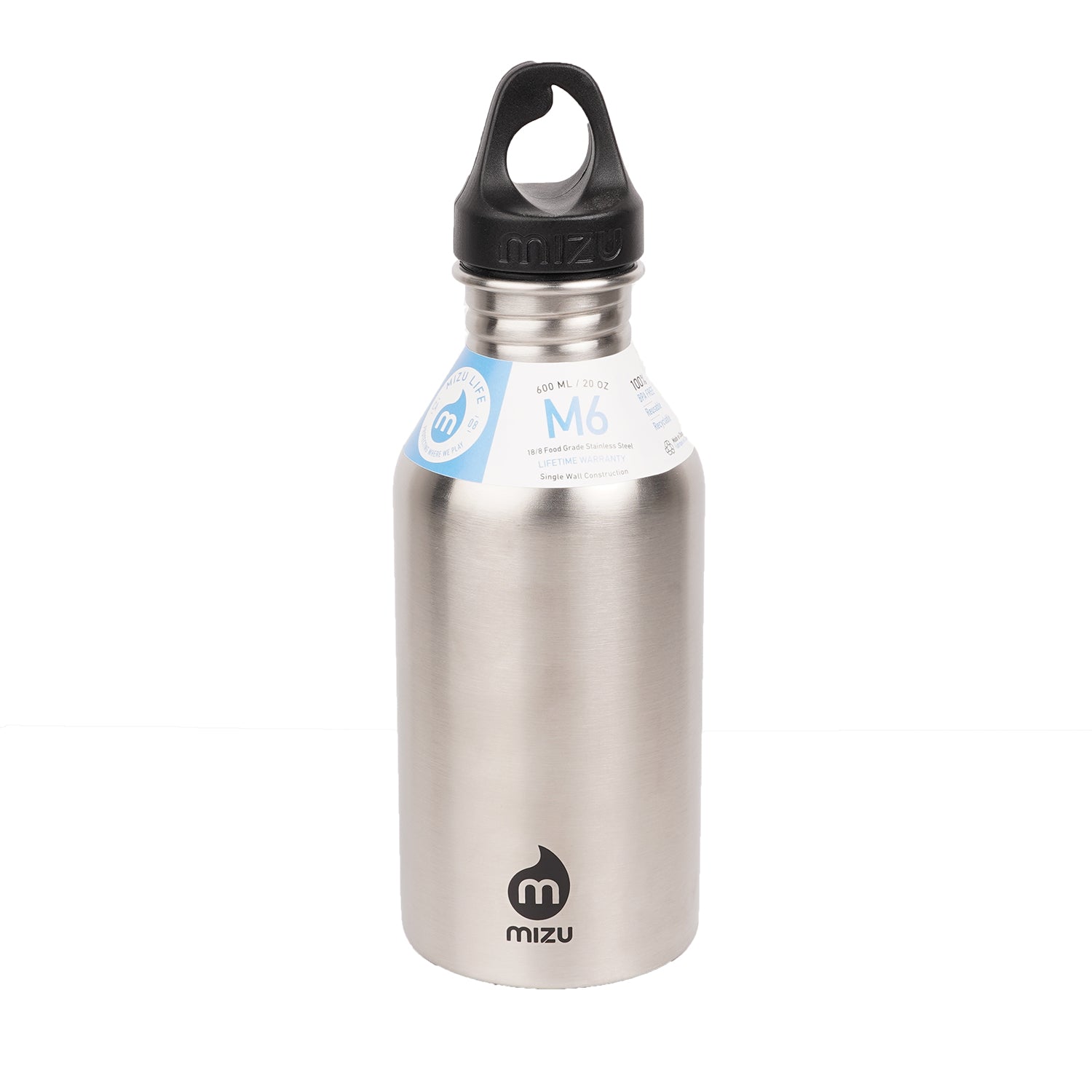 600 ml single wall stainless steel bottle with a black loop cap.  The M6 stainless steel bottle from Mizu has the perfect size and will fit perfect in your car or in your sports bag.  Insulated: No Material: Stainless steel (18/8) BRA free Volume: 20 oz / 600 ml Height:  215 mm Diameter: 70 mm Weight:  180 gr Fits in a cup holder: Yes We just love the mantra at Mizu which goes like this: Enjoy the journey. Leave nothing behind.