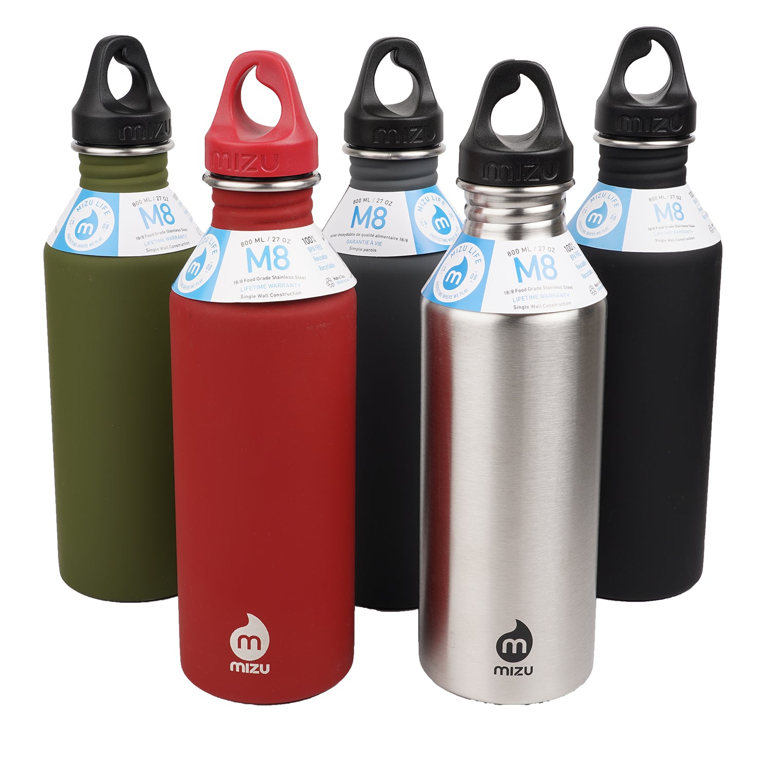 800 ml single wall stainless steel bottle with a black loop cap.  The M8 stainless steel bottle from Mizu has the perfect size and will fit perfect in your car or in your sports bag.