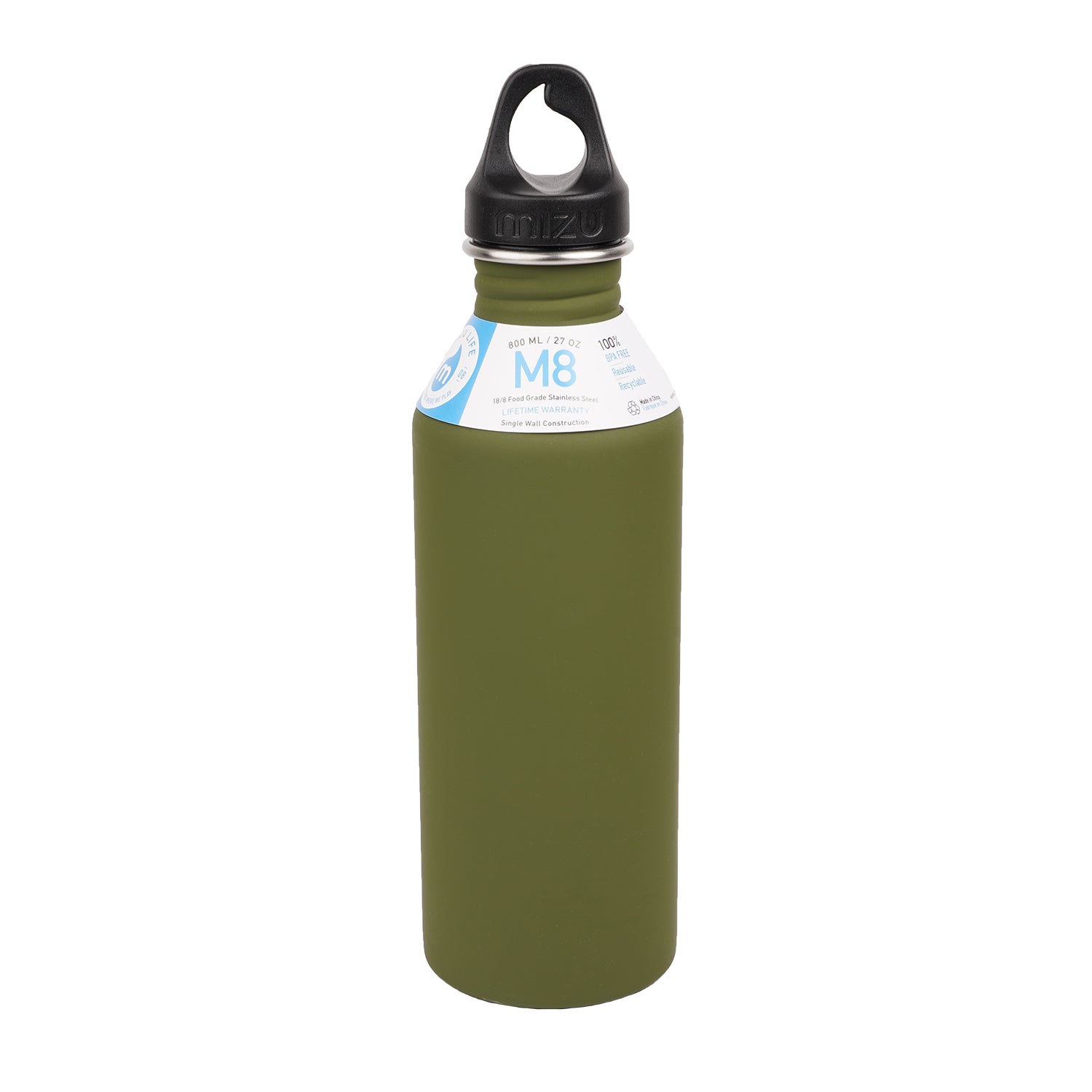 800 ml single wall stainless steel bottle with a black loop cap.  The M8 stainless steel bottle from Mizu has the perfect size and will fit perfect in your car or in your sports bag.