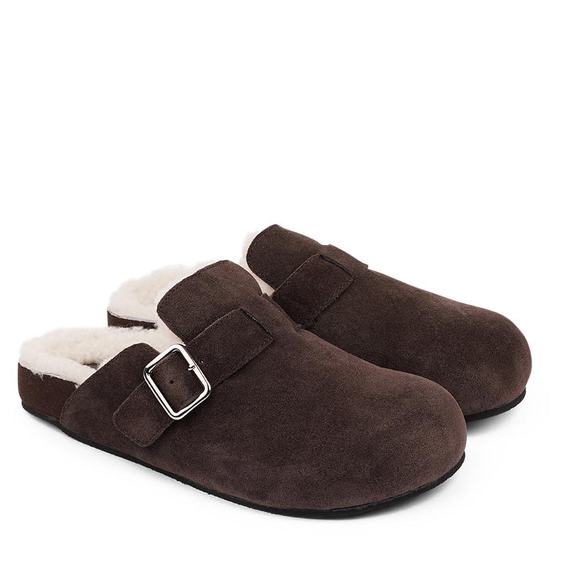 Suede Mules with adjustable buckle and curly shearling lining  Lovelies shearling mules will bring softness and warmth to your feet this summer. The combination of soft curly shearling and the durable rubber sole guarantees the utmost comfort to the wearer. Nesso Mules in Chocolate from Danish Lovelies Studio.