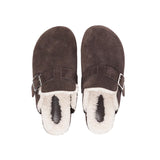 Suede Mules with adjustable buckle and curly shearling lining  Lovelies shearling mules will bring softness and warmth to your feet this summer. The combination of soft curly shearling and the durable rubber sole guarantees the utmost comfort to the wearer. Nesso Mules in Chocolate from Danish Lovelies Studio.
