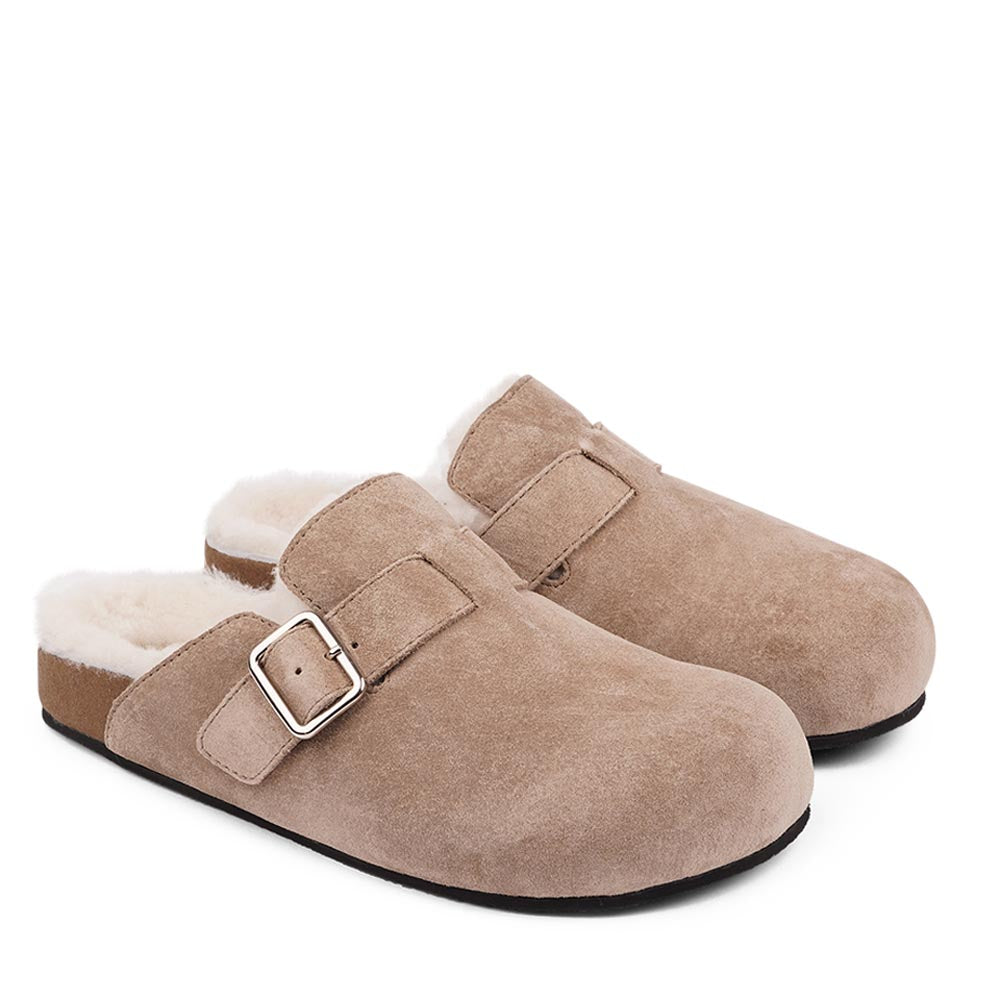 Suede Mules with adjustable buckle and curly shearling lining  Lovelies shearling mules will bring softness and warmth to your feet this summer. The combination of soft curly shearling and the durable rubber sole guarantees the utmost comfort to the wearer. Nesso Mules in Taupe from Danish Lovelies Studio.