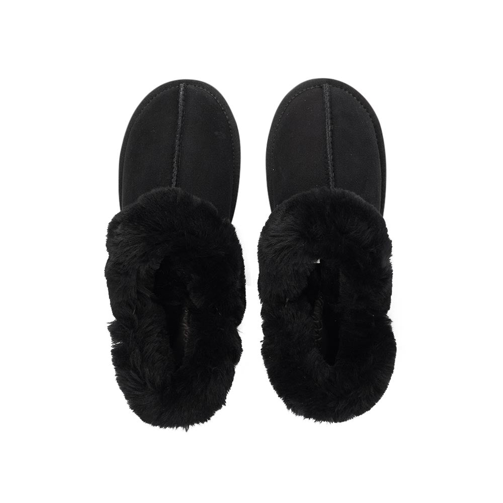 Lovelies Studio - Ombo - Black. Double faced shearling mules with detachable heel strap  Lovelies shearling mules will bring softness and warmth to your feet this summer. The combination of soft curly shearling and the durable rubber sole guarantees the utmost comfort to the wearer.