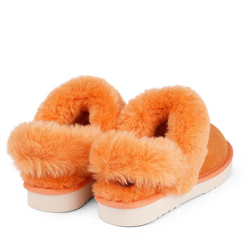 Lovelies Studio - Ombo - Peach. Double faced shearling mules with detachable heel strap  Lovelies shearling mules will bring softness and warmth to your feet this summer. The combination of soft curly shearling and the durable rubber sole guarantees the utmost comfort to the wearer.