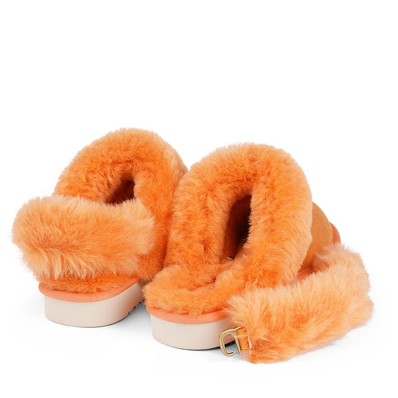 Lovelies Studio - Ombo - Peach. Double faced shearling mules with detachable heel strap  Lovelies shearling mules will bring softness and warmth to your feet this summer. The combination of soft curly shearling and the durable rubber sole guarantees the utmost comfort to the wearer.