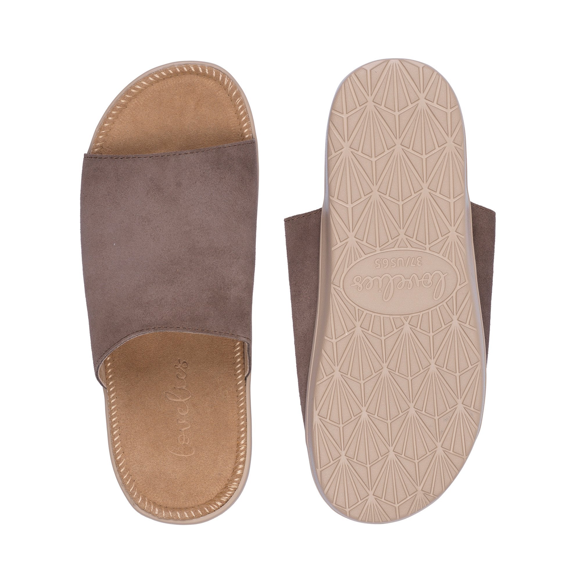Sandals with a wide strap of soft suede. The comfortable inner sole in covered with soft suede.