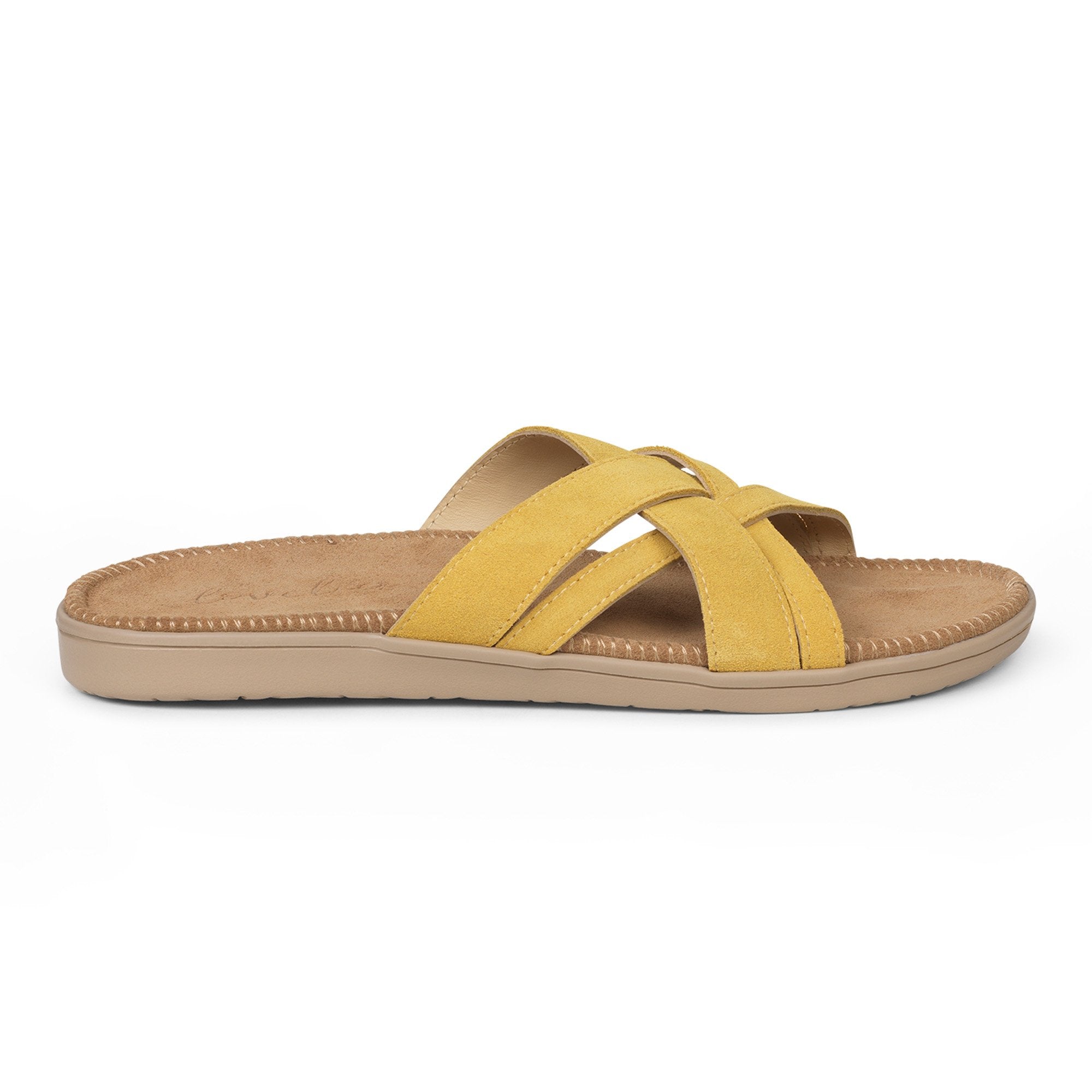 Sandals with 4 crossing straps of soft suede. The comfortable inner sole in covered with soft suede.