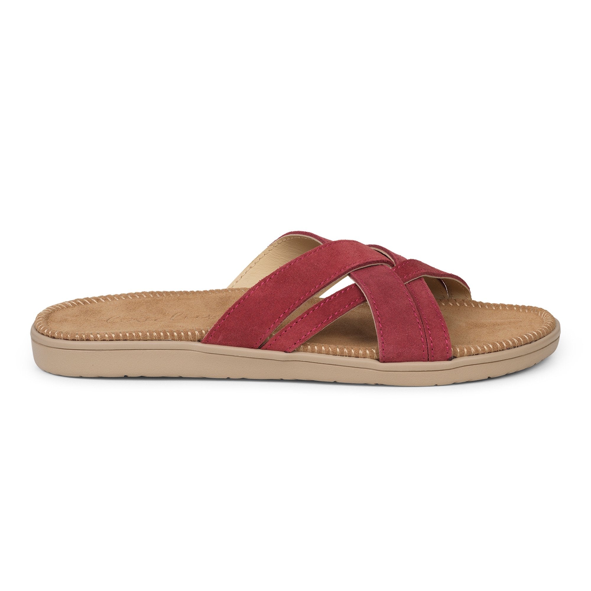 Sandals with 4 crossing straps of soft suede. The comfortable inner sole in covered with soft suede.