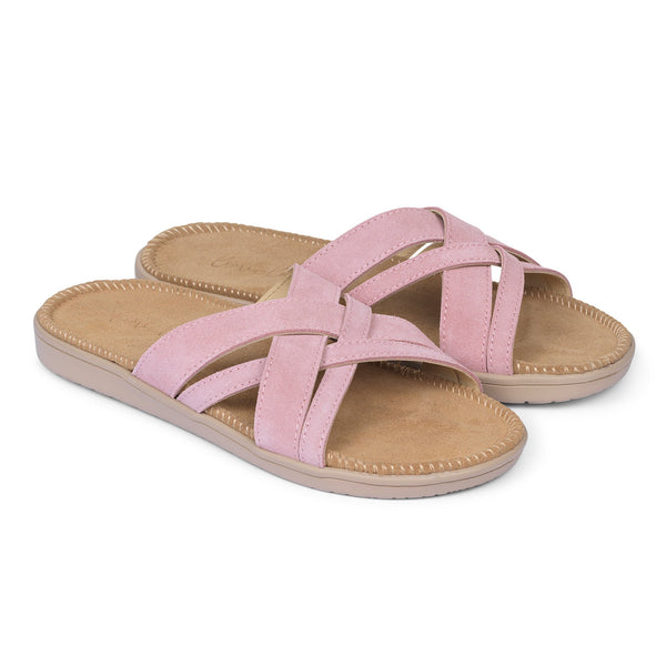 Sandals with 4 crossing straps of soft suede. The comfortable inner sole in covered with soft suede.