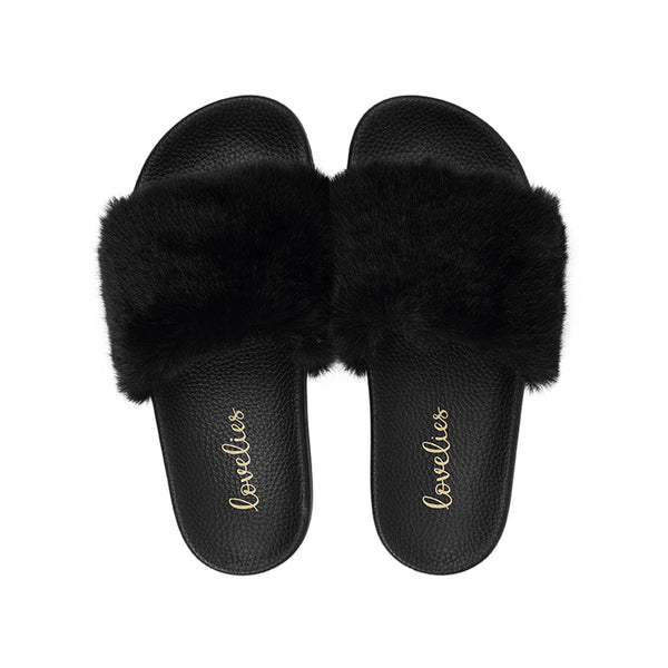 Lovelies Studio Denmark -  Exclusive slides with faux fur. Beautiful and feminine faux fur slides.  The soft rubber sole is light and very comfortable.   We are proud member of 1% for the planet  Enjoy your Lovelies  Material:  Sole : PU   Rubber Lining: Cotton Upper: Faux fur