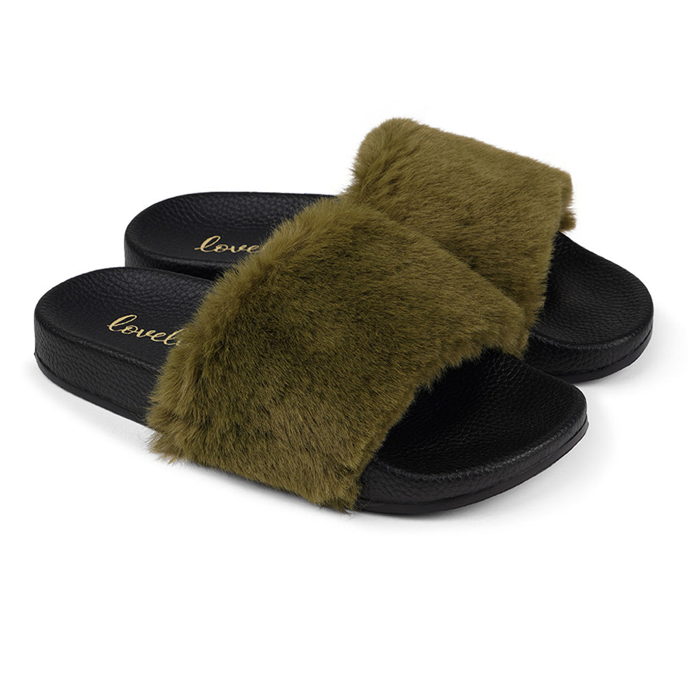 Lovelies Studio Denmark -  Exclusive slides with faux fur. Beautiful and feminine faux fur slides.  The soft rubber sole is light and very comfortable.   We are proud member of 1% for the planet  Enjoy your Lovelies  Material:  Sole : PU   Rubber Lining: Cotton Upper: Faux fur Summer slides in black and grey