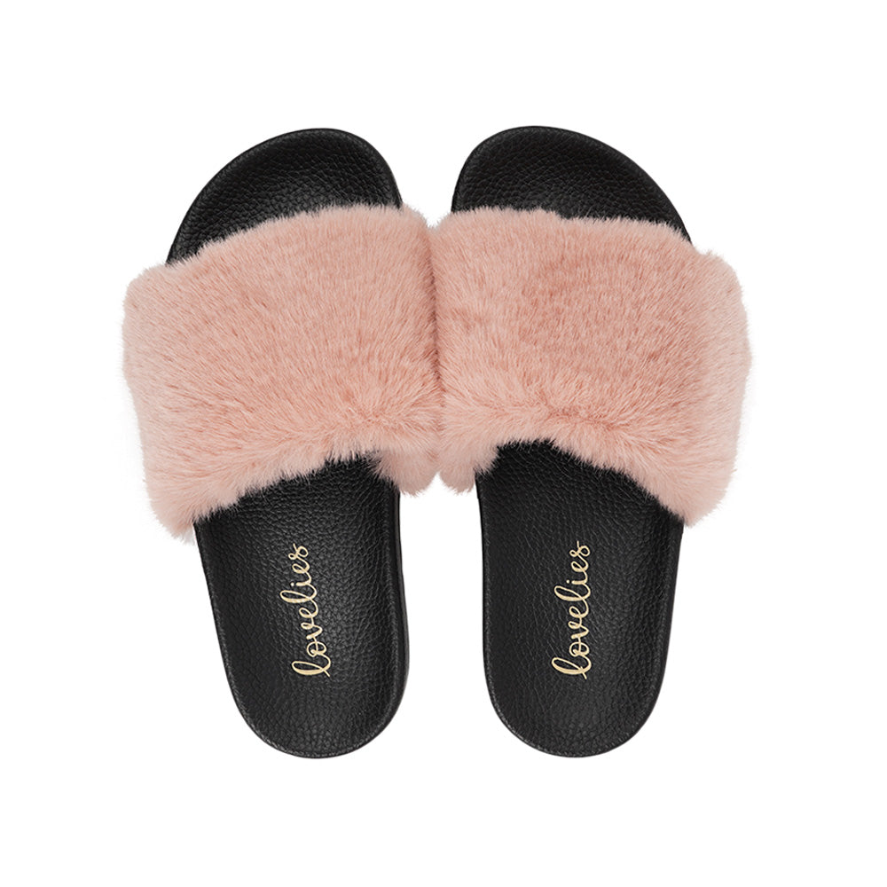Lovelies Studio Denmark -  Exclusive slides with faux fur. Beautiful and feminine faux fur slides.  The soft rubber sole is light and very comfortable.   We are proud member of 1% for the planet  Enjoy your Lovelies  Material:  Sole : PU   Rubber Lining: Cotton Upper: Faux fur Summer slides in black and  rose