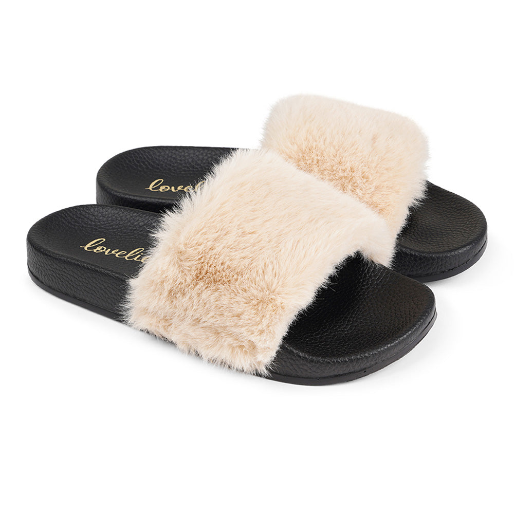 Lovelies Studio Denmark -  Exclusive slides with faux fur. Beautiful and feminine faux fur slides.  The soft rubber sole is light and very comfortable.   We are proud member of 1% for the planet  Enjoy your Lovelies  Material:  Sole : PU   Rubber Lining: Cotton Upper: Faux fur Summer slides in black and  ivory