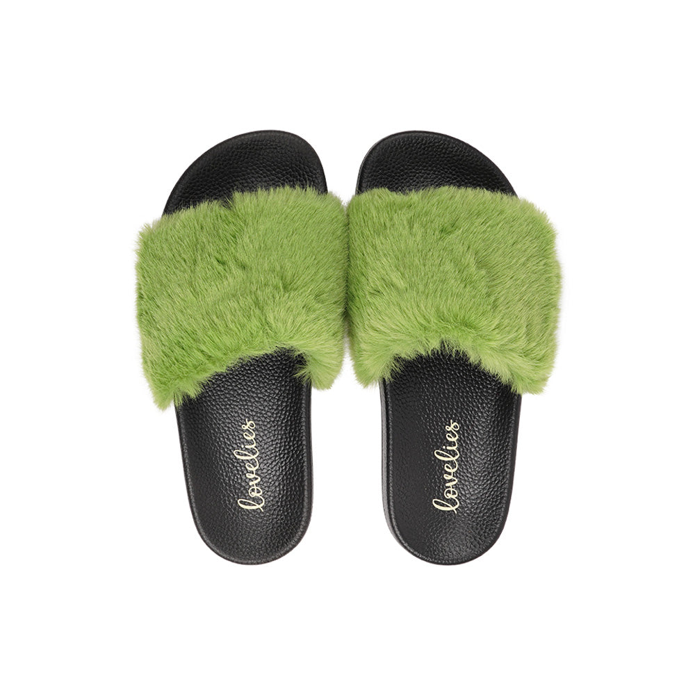 Lovelies Studio Denmark -  Exclusive slides with faux fur. Beautiful and feminine faux fur slides.  The soft rubber sole is light and very comfortable.   We are proud member of 1% for the planet  Enjoy your Lovelies  Material:  Sole : PU   Rubber Lining: Cotton Upper: Faux fur Summer slides in black and   pink