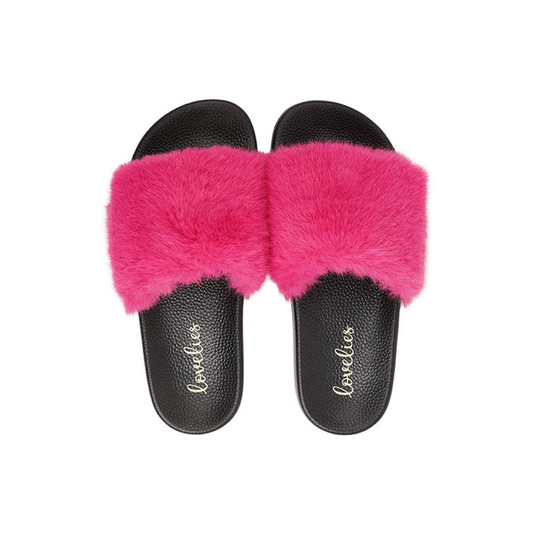 Lovelies Studio Denmark -  Exclusive slides with faux fur. Beautiful and feminine faux fur slides.  The soft rubber sole is light and very comfortable.   We are proud member of 1% for the planet  Enjoy your Lovelies  Material:  Sole : PU   Rubber Lining: Cotton Upper: Faux fur Summer slides in black and   pink