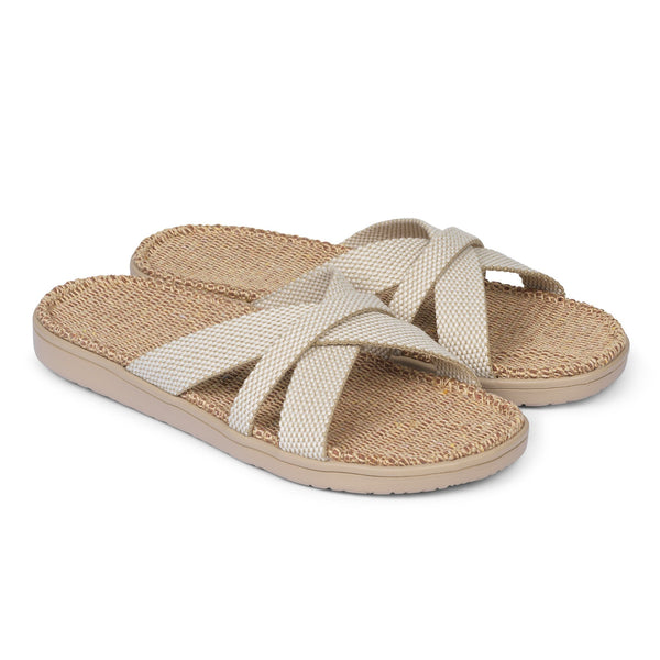 Sandal with woven cotton straps. The comfortable inner sole is covered with soft natural jute material.