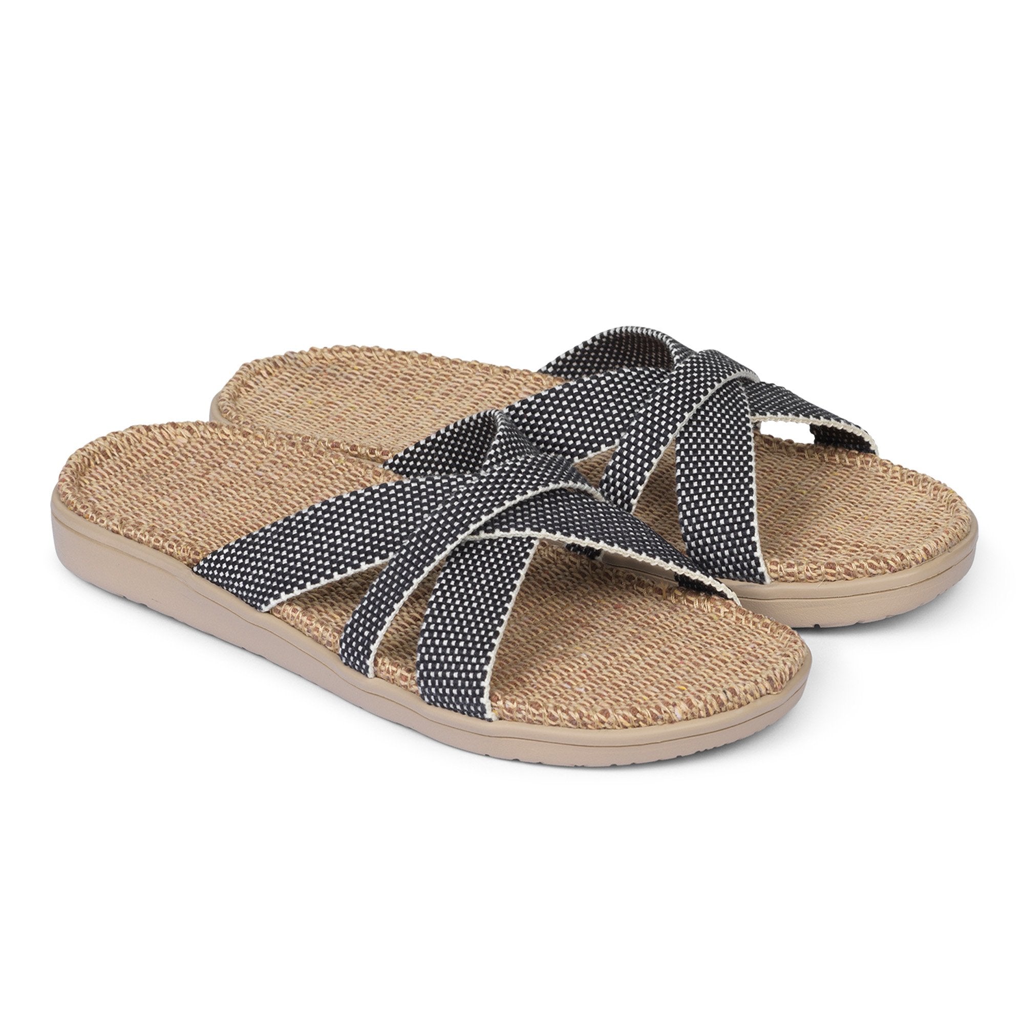 Sandal with woven cotton straps. The comfortable inner sole is covered with soft natural jute material.