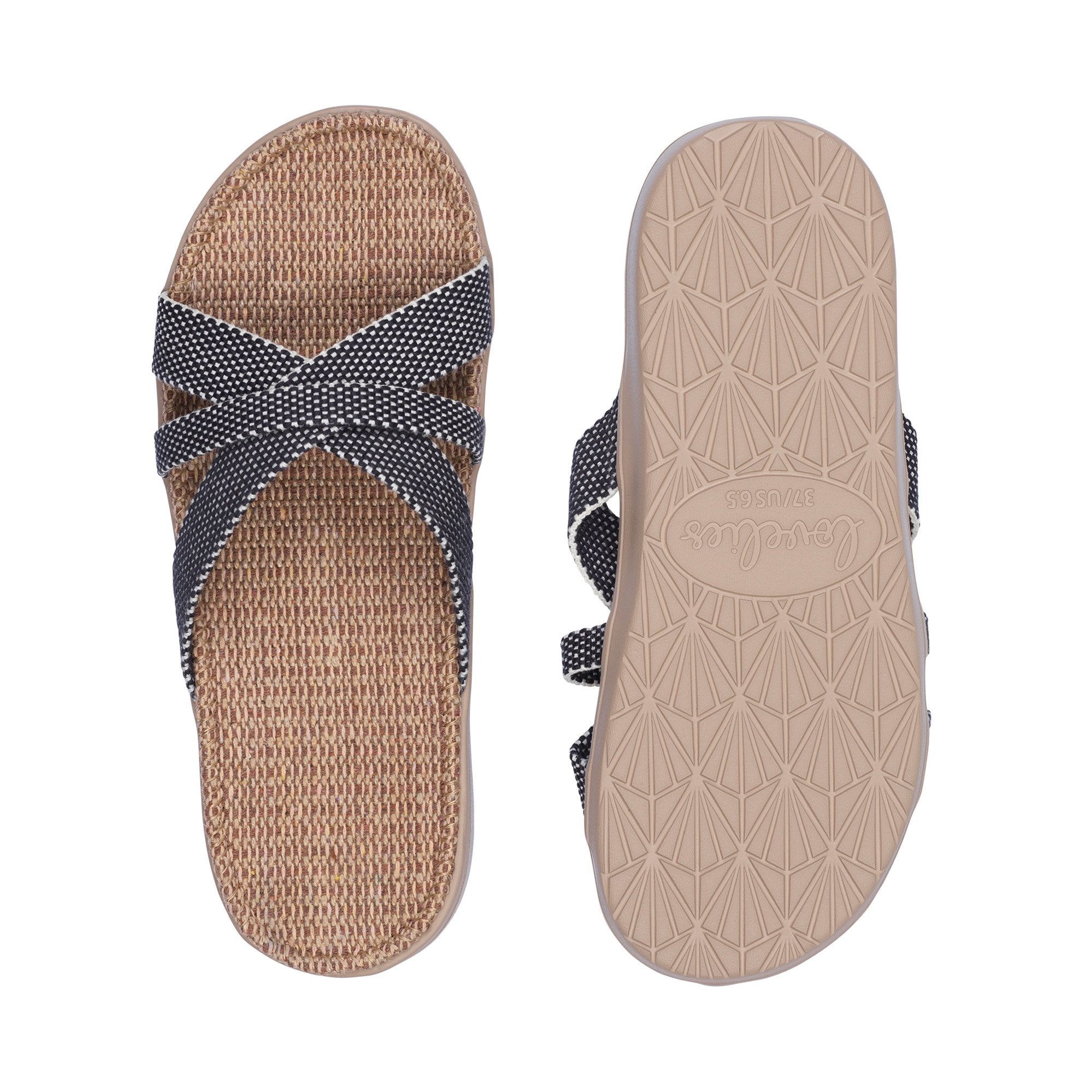 Sandal with woven cotton straps. The comfortable inner sole is covered with soft natural jute material.