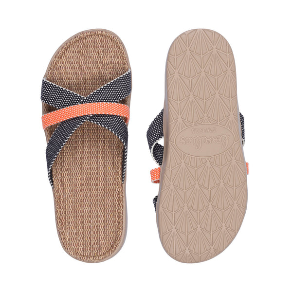 Sandal with woven cotton straps. The comfortable inner sole is covered with soft natural jute material.