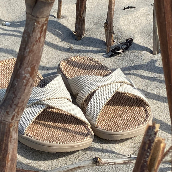 Summer sandals from danish brand Lovelies. The rubber sole is nice and soft which makes the sandal very comfortable. The inner sole is covered with woven jute and the straps are med of fine cotton.